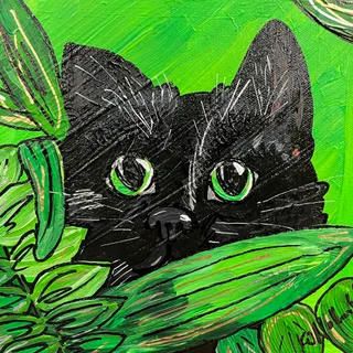 A painting of a black cat hiding in a plant.