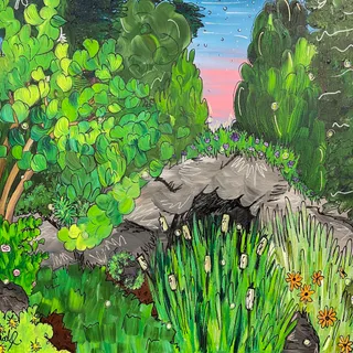 A painting of a cave surrounded by greenery and dandelions