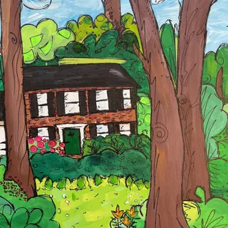 A painting of a brick house surrounded by trees.