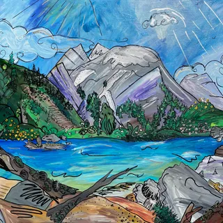 A painting of the bank of Jenny Lake at the Grand Tetons