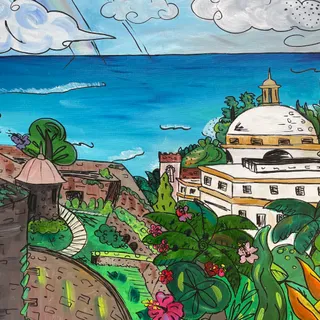 A painting of the sea as seen from a Spanish Fort in San Juan