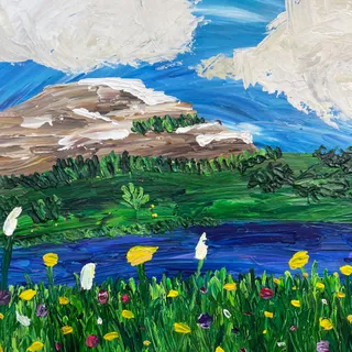 A painting of a mountain with a field of flowers