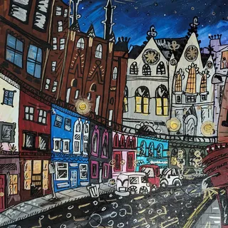 A painting of Cockburn Street in Edinburgh at night.