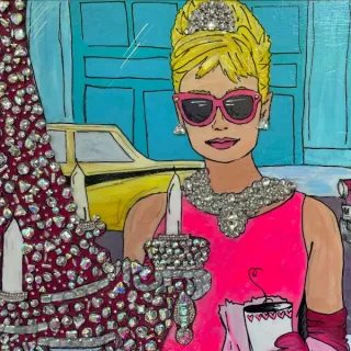 A mixed media painting of Breakfast at Tiffany's, featuring Barbie