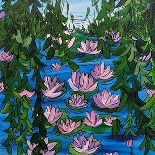 A painting of waterlilies with wisteria - an homage to Monet.