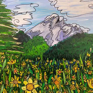 A painting of the Grand Tetons with flowers.