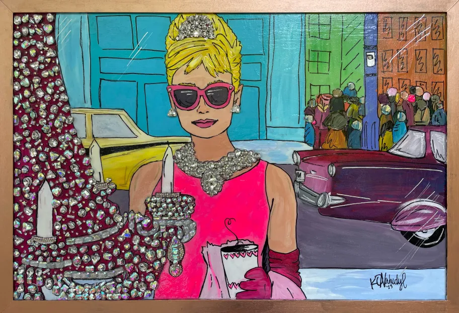 A mixed media painting of Breakfast at Tiffany's, featuring Barbie